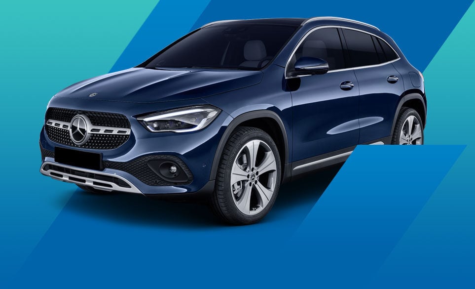 mercedes-benz blue front and side view.